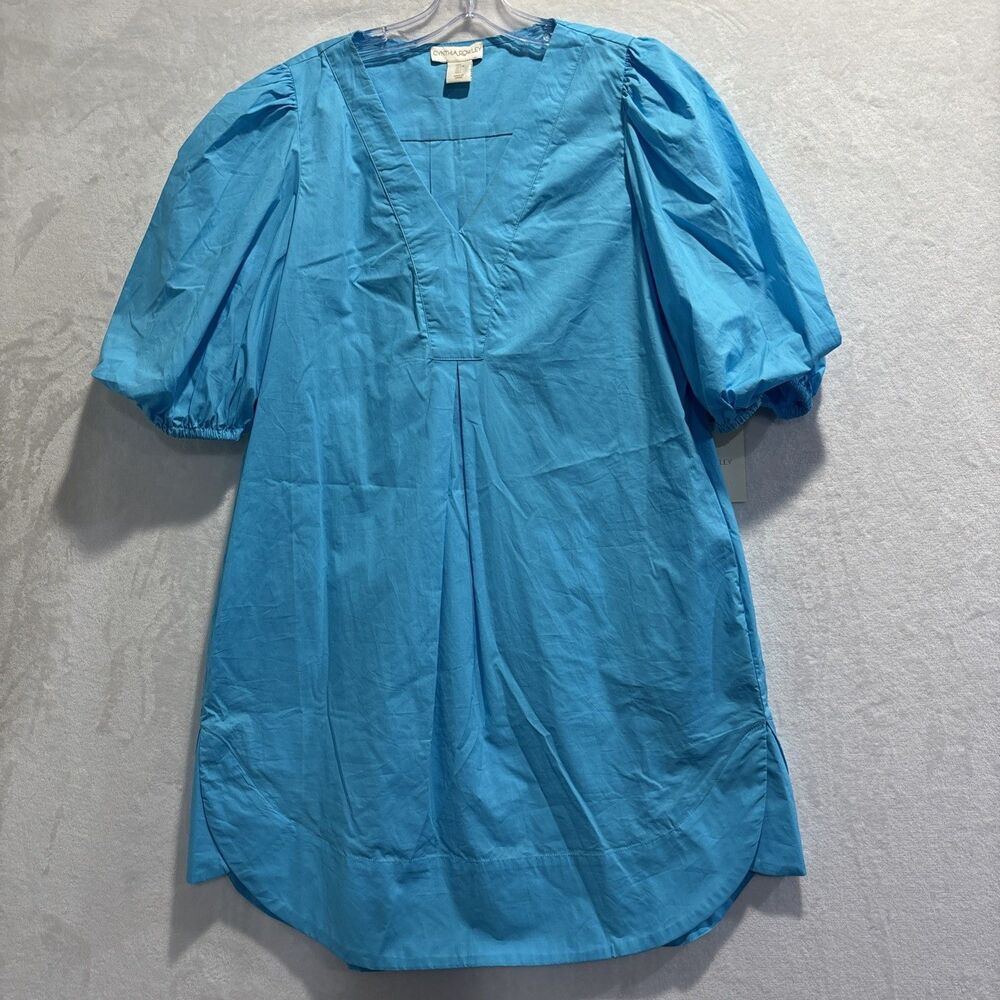 Cynthia Rowley Puff Sleeve Tunic Dress Turquoise Blue V Neck Women's Large NWT